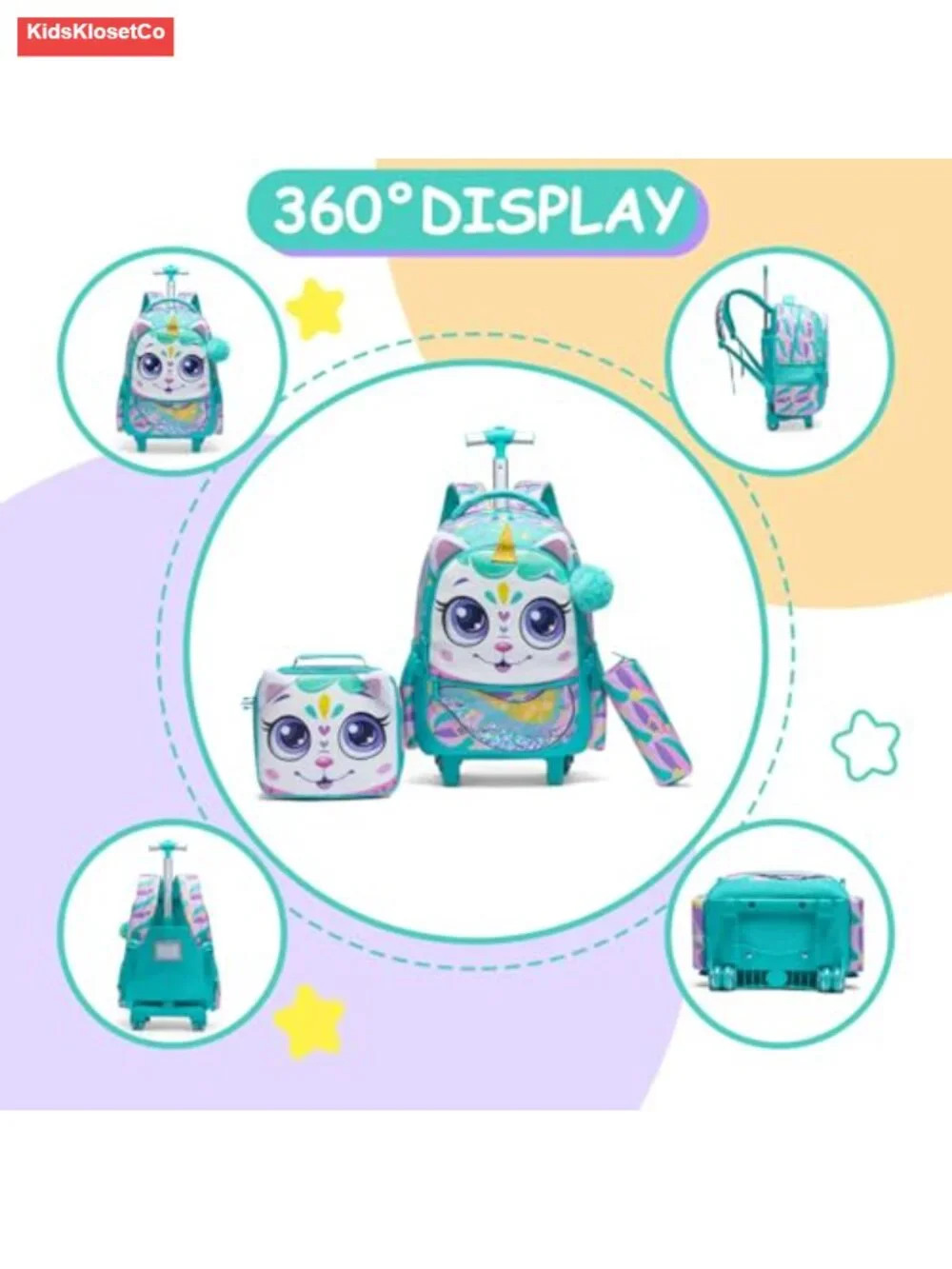 Kids Rolling Backpack with Wheels 3-Piece Set Trolley Luggage for Girls School